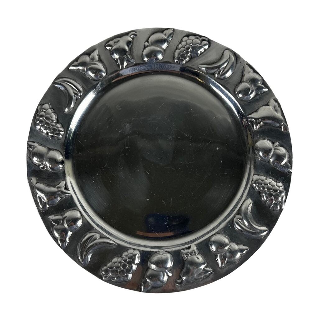 Large Aluminum Round Fruit Embossed Design Serving Platter-Nice!